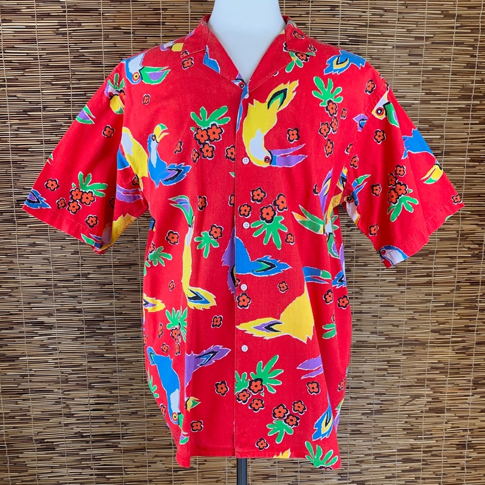 Vtg Brigade Red Toucan Parrot Hawaiian Shirt